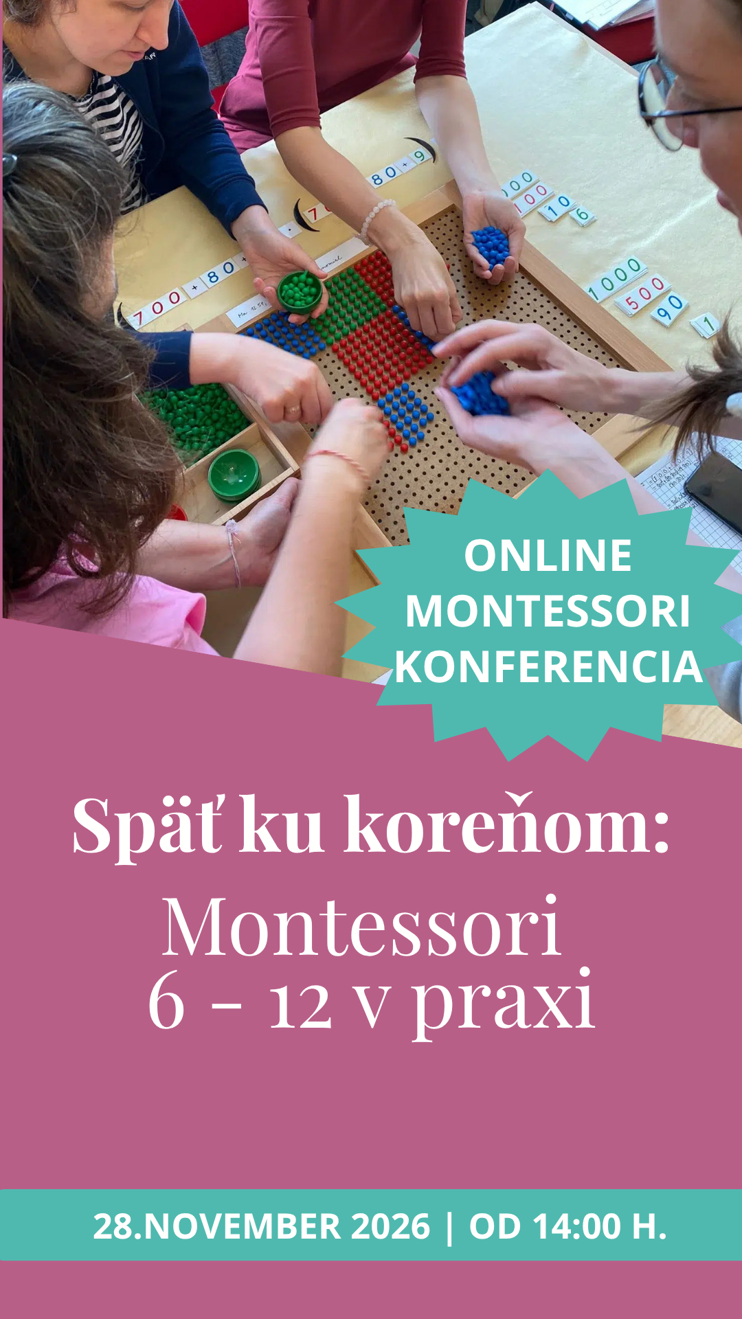 Oficiálny banner konferencie Späť ku koreňom: Montessori 6–12 v praxi, 28. novembra 2026
